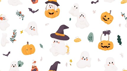 Cute Halloween Ghost Characters and Pumpkin Elements