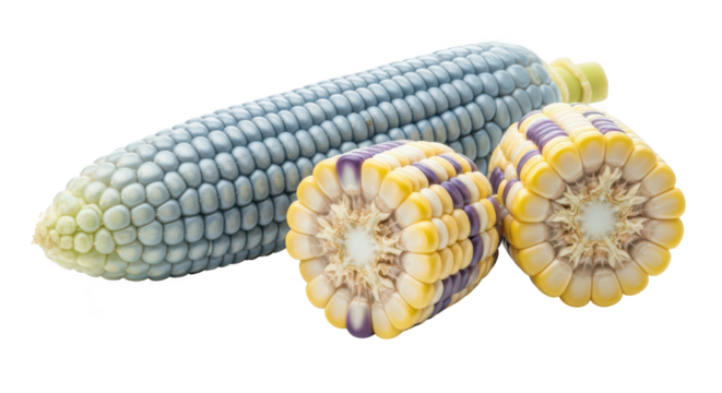 Blue and multi colored corn cobs on background maize purple image