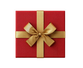 A red gift box with a gold ribbon bow