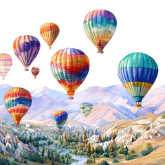 Fototapeta premium Colorful hot air balloons float over scenic mountain valley bright