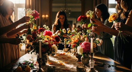 Women arranging floral displays on a table