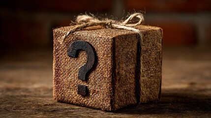 Mystery Wrapped Gift Box with Question Mark and Jute Twine
