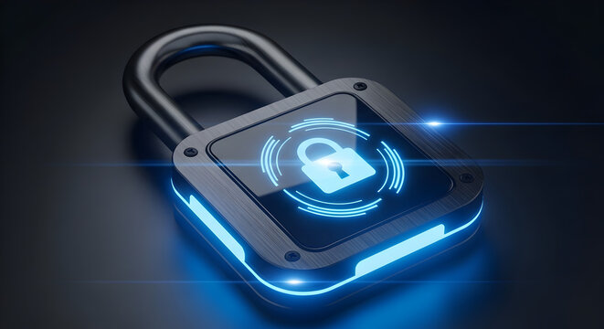 Sleek digital padlock with glowing blue accents symbolizes cybersecurity, data protection, and the future of secure online transactions
