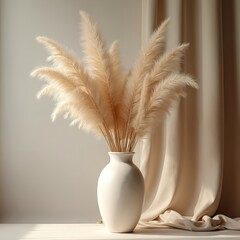 Beige pampas grass bouquet in white vase, soft lighting creates cosy and elegant interior design. Natural texture of dried plant adds calm, relaxing minimalist aesthetic to home decor.