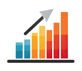 Colorful bar graph with upward arrow, showing growth