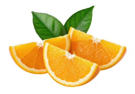 Bright orange citrus fruit slices with green leaves on background segment