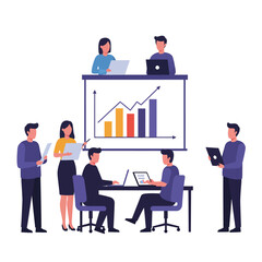A diverse team of professionals collaborates on a business project, analyzing data and strategizing for growth in a modern office environment.