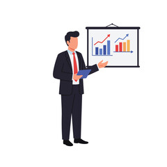 A confident businessman in a suit delivers an engaging presentation, showcasing financial growth and strategic data analysis on a whiteboard.