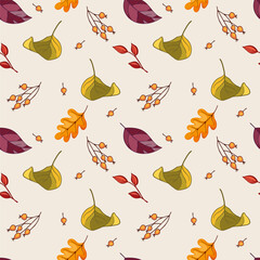 Seamless pattern of colorful autumn leaves and berries. Bright autumn symbols on gentle background. Vector illustration for textile print, wrapping paper, wallpaper