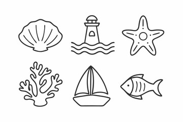 Minimalist Sea and Ocean Nature Vector Icon Set in Black Line Art, Clean Outline Illustration