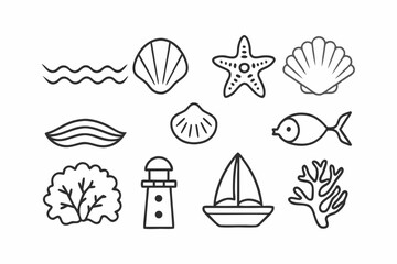 Fototapeta premium Minimalist Sea and Ocean Nature Vector Icon Set in Black Line Art, Clean Outline Illustration
