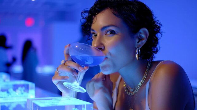 Young woman holding cocktail glass retail bar adaptation with blue lighting and jewelry display cases creating elegant calm mood