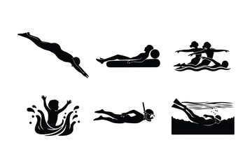 Set of black silhouettes of people swimming diving and relaxing by water pool ocean