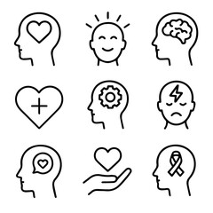 Nine Line Icons Depicting Mental and Emotional States.
