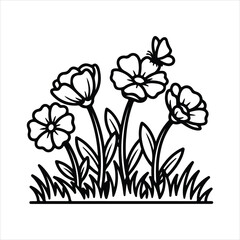 Black and white line art illustration of blooming flowers and grass with a butterfly nature garden
