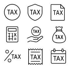 Nine Linear Tax Icons Circle Shield Document Calculator Hand Bag Percentage Receipt Calendar.