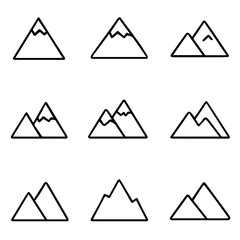 Nine minimalist mountain icons with varying peak configurations and bold black outlines.