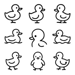 Nine Simple Black Outline Ducklings in Various Poses on a Transparent Field.
