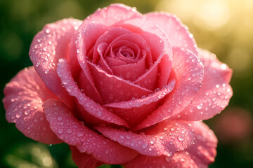 Pink rose with dew drops close-up in morning sunlight