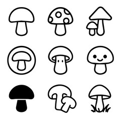 Nine Stylized Mushroom Illustrations with Varied Shapes and Textures in Black Outline.