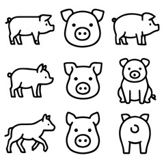 Nine stylized pig icons in various poses outlined in black on transparent background.