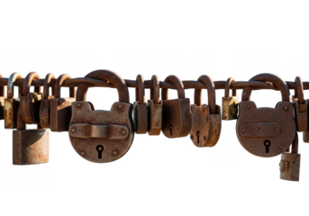 Collection of vintage brass padlocks isolated on transparent background