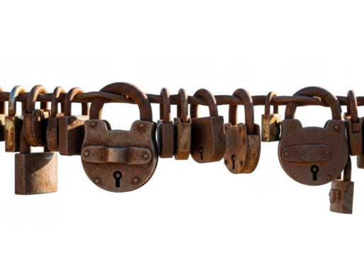 Collection of vintage brass padlocks isolated on transparent background