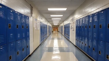 Long School Hallway with Blue Lockers and Shiny Floor Interior