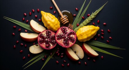 Rosh Hashanah still life with etrog, apple slices, pomegranate seeds, and honey. Rosh Hashanah symbolic composition includes traditional fruits and honey for sweet new year.