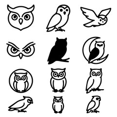 Nine Unique Owl Illustrations in Simple Black and White Line Art.