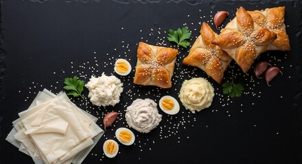 Delicious pastries with creamy filling, boiled eggs, and sesame seeds.  Pastries are arranged artistically with phyllo dough and garlic cloves.