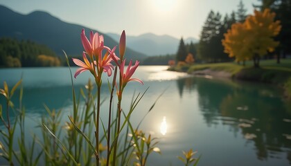pink flowers lakeside mountains golden hour reflection