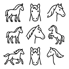 Outlined Horses in Various Poses Simple Line Art Illustration.