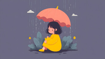 Protect children from danger. Child protection concept. Little girl sitting on the floor and crying. Child care. The umbrella protects the child from the storm. Flat design. Illustration.