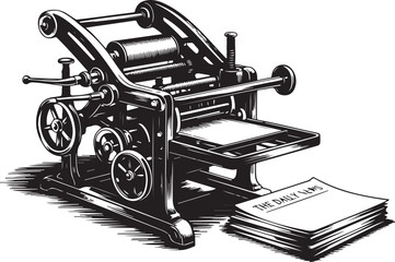 Vector Etching-Style Illustration of a Vintage Printing Press Machine with a Stack of Newspapers.