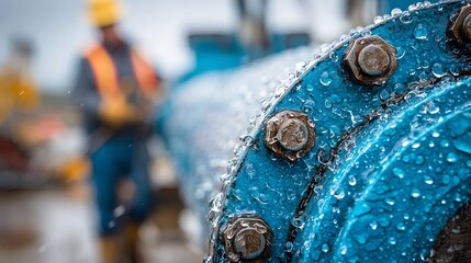 Blue Pipeline Joint with Bolts and Water Droplets in Construction Site