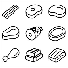 Outlined Meat Cuts Bacon Steaks Ham and Chicken Leg Vector Illustration.