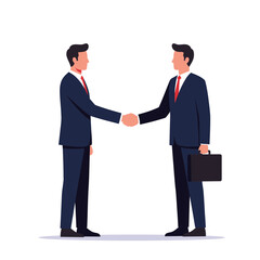 Fototapeta premium Two professional businessmen in dark suits confidently shake hands, symbolizing a successful agreement, a new partnership, or a collaborative venture.