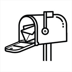 Black and white line art illustration of an open mailbox with letters inside envelope post