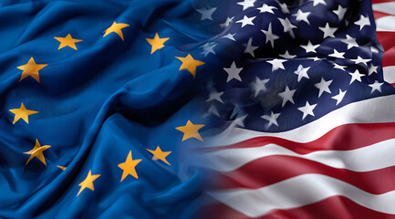 European Union and United States Flags Waving Together Symbol of International Cooperation and Partnership