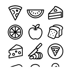 Simple Black and White Food Icons Representing Various Common Food Items.