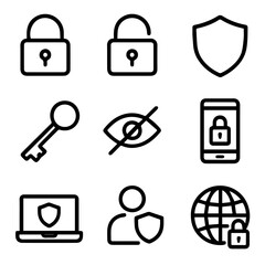 Security icons set Padlocks shield key eye phone laptop user globe.