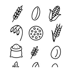 Simple Black and White Illustrations of Various Cereal Grains and Seeds.