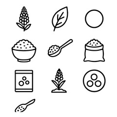 Simple Black and White Line Art Depicting Various Food Items and Ingredients.
