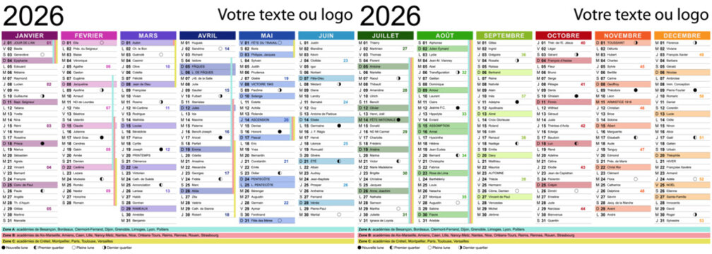 Calendrier 2026 avec fêtes, saints, vacances scolaires et cycles de la lune - Textes vectorisés et non vectorisés sur calques séparés