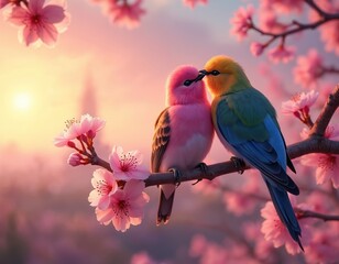 Two birds perched on branch with pink flowers. Vibrant pink and blue bird touches beak with solid blue bird. Pink, purple sky with cityscape in background.