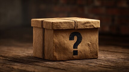 Mystery Box with Question Mark on Wooden Table Surface Indoor