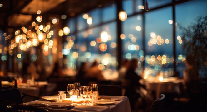 A sophisticated restaurant scene at night with diners enjoying their meals, illuminated by city lights through a large window, creating a warm and inviting ambiance. - Powered by Adobe