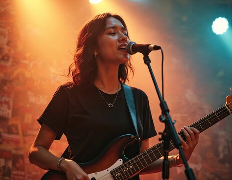 Young Asian woman musician performs live singing. Girl plays electric bass guitar on stage with microphone. Performance at concert, music band show, entertainment, musical instrument, musical concert.