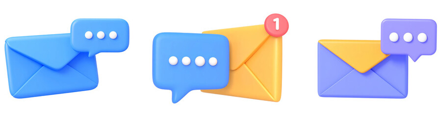 Blue envelope, yellow envelope, and purple envelope with chat bubble and notification icon, representing communication, message, and social media in modern, 3D cartoon style